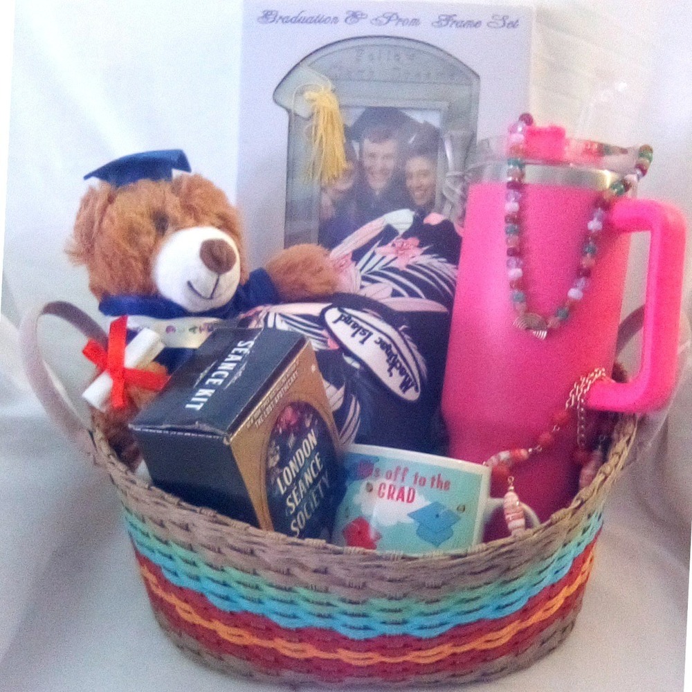 Graduation Gift Basket Set Plush Bear Pink Tumbler Frame Mug Mackinac Island Hat